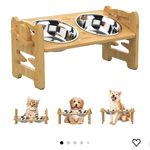 NEW Bamboo Adjustable Raised feeder with 2 Stainless Steel Bowls for Dog & cats